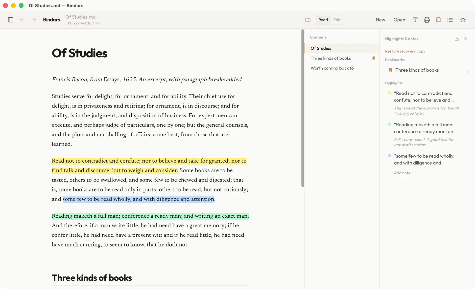 Bindars showing Francis Bacon's essay “Of Studies” with highlighted passages, a contents list, and a Highlights & notes panel showing two notes