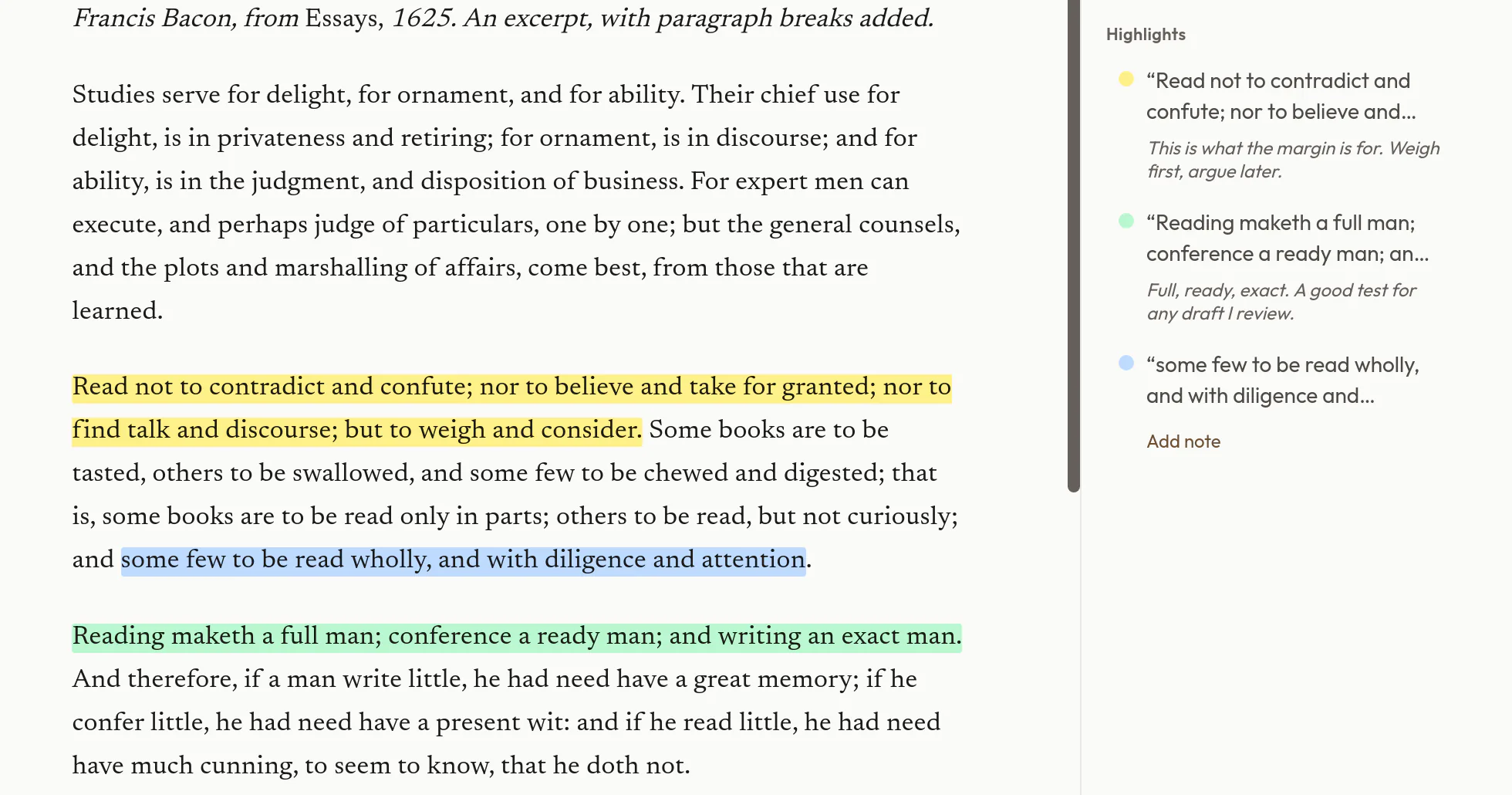 Francis Bacon’s “Of Studies” with three passages highlighted in yellow, blue, and green, and the Highlights & notes panel beside them listing each one, two with notes