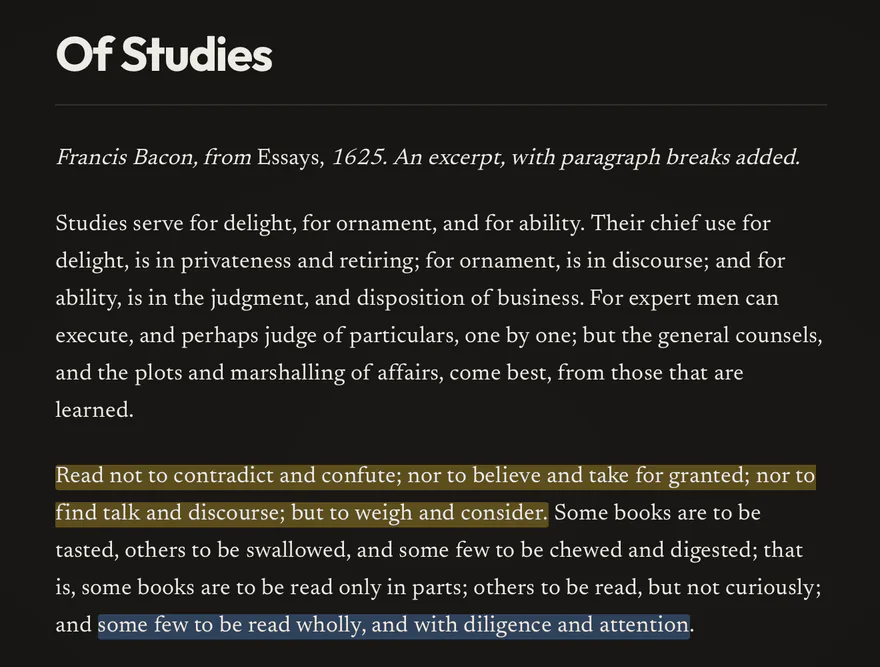 “Of Studies” with highlighted passages in the Dark theme