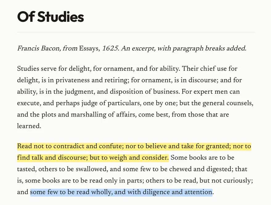 “Of Studies” with highlighted passages in the Light theme