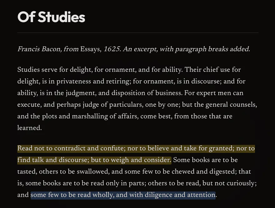 “Of Studies” with highlighted passages in the Midnight theme