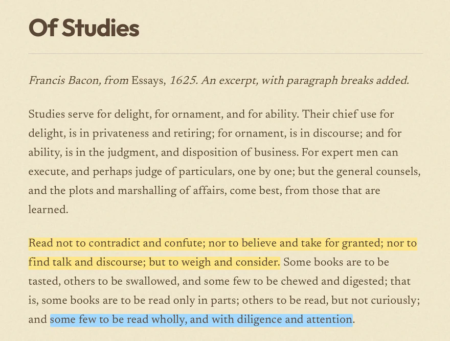 “Of Studies” with highlighted passages in the Sepia theme